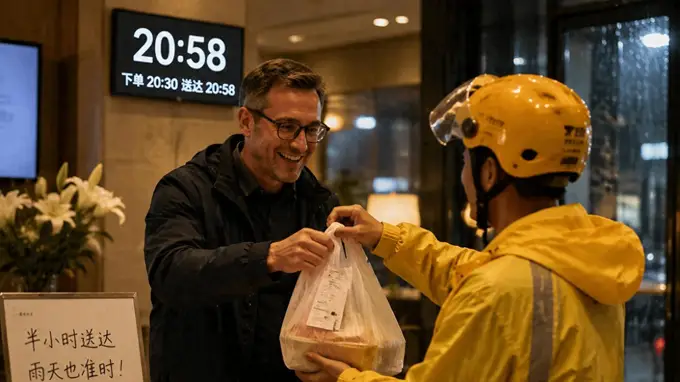 雨天外卖半小时直达酒店 德国客人直呼服了太准时