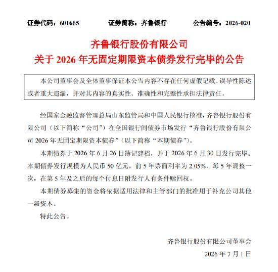 齐鲁银行：完成发行50亿元无固定期限资本债券