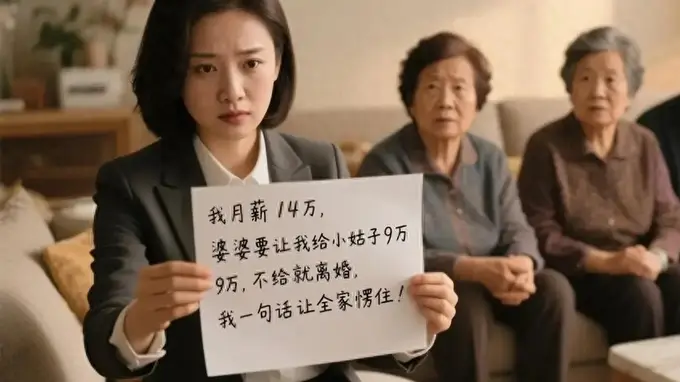 我月薪14万，婆婆让我给小姑子9万，不给就离婚，我让全家愣住！