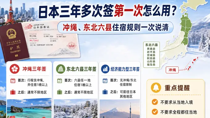日本三年多次签第一次怎么用?冲绳、东北六县住宿规则一次说清