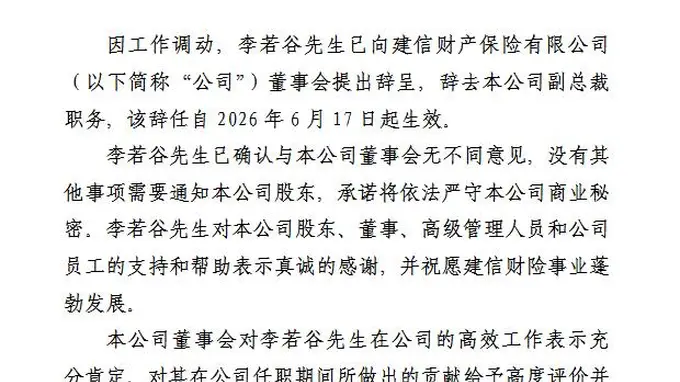 建信财险副总裁李若谷辞任