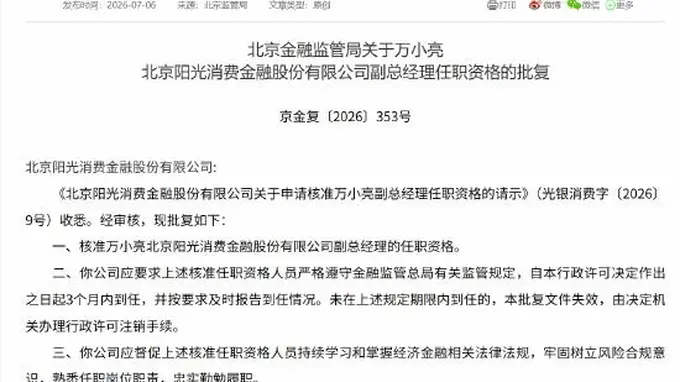 万小亮获批阳光消金副总经理 公司扩表增收不增利
