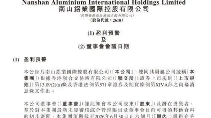 南山铝业国际2026上半年预减1.8-1.9亿美元 核心因氧化铝售价大跌毛利率收缩