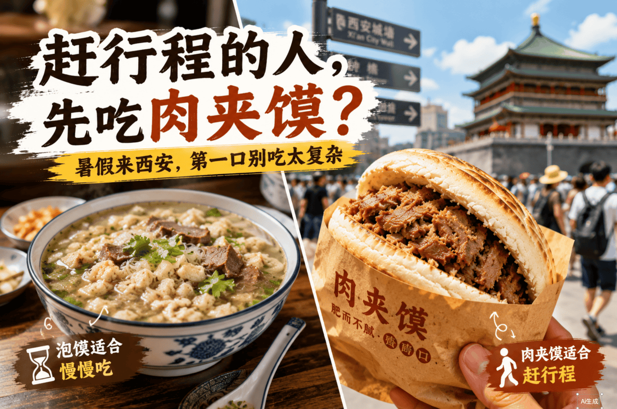 暑假来西安，为什么肉夹馍比泡馍更适合赶行程的人？