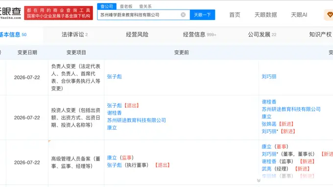 张雪峰女儿接手父亲多家公司股份