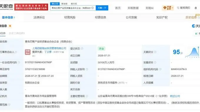 青岛芯聚产业投资基金登记成立 出资额5.01亿