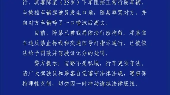 重庆警情通报 女子挡路指挥加塞 本人被拘丈夫被罚记分