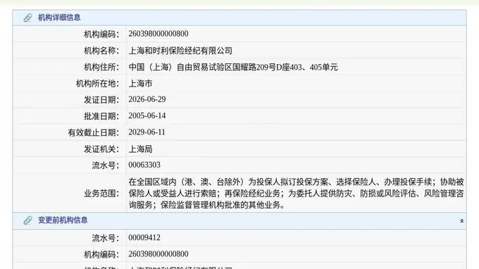 上海和时利保险经纪有限公司换发保险中介许可证，发证日期2026年6月29日