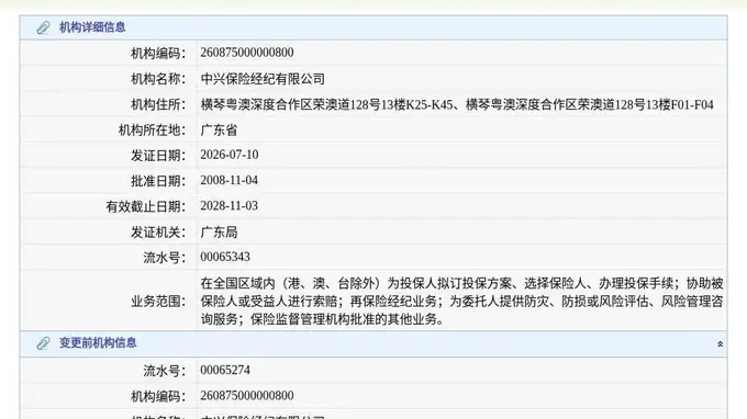 中兴保险经纪有限公司换发保险中介许可证,发证日期2026年7月10日