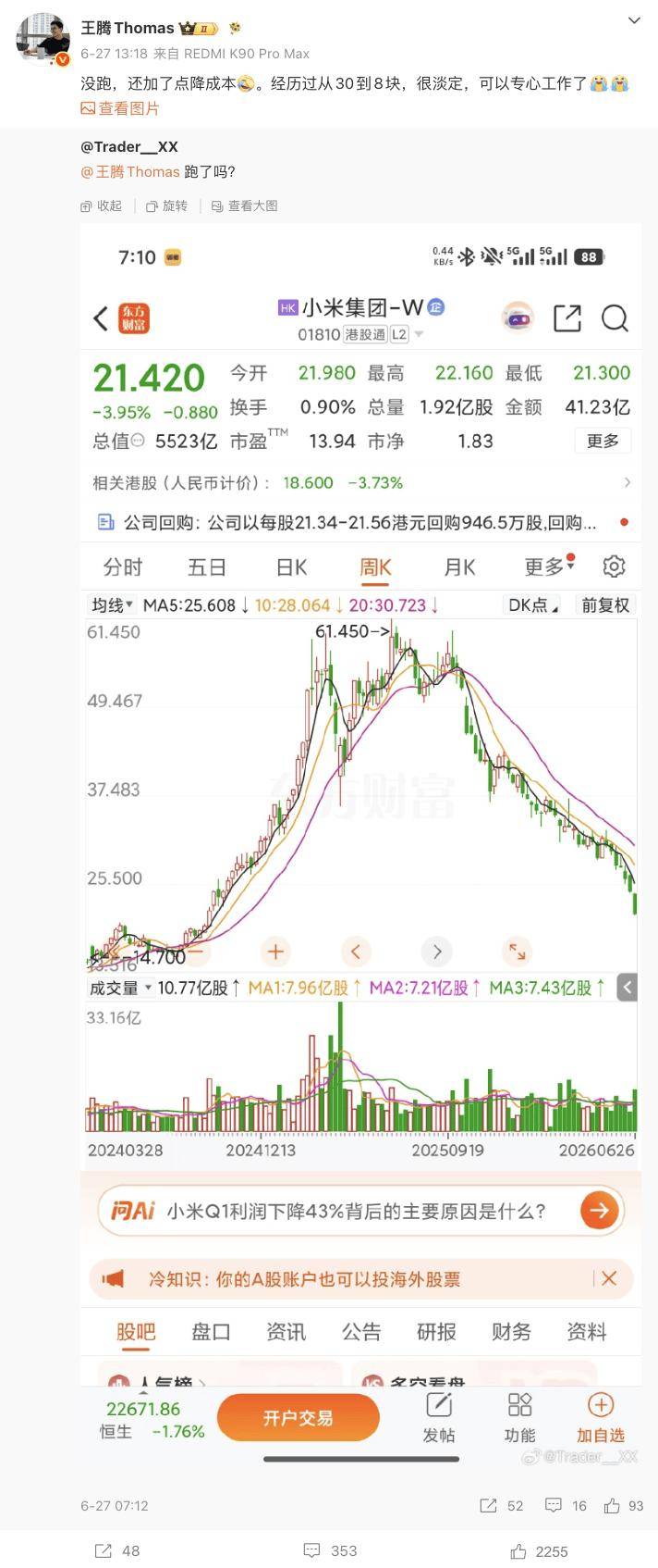 王腾自曝买小米股票“两个月亏近27%”：很淡定，还加了点降成本