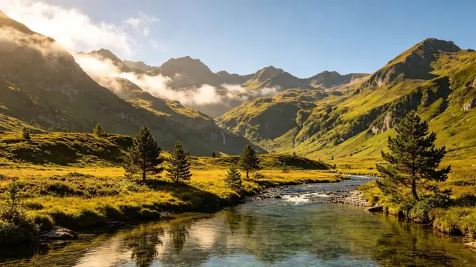 登山徒步小队登顶观赏云海美景，下山后河滩玩水撸串欢乐不停歇