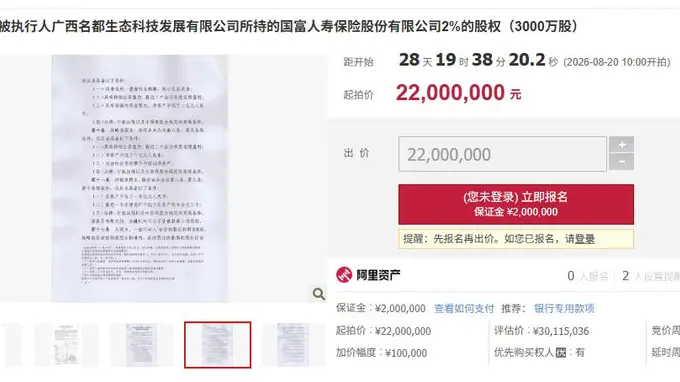 国富人寿2%股权将拍 起拍价2200万元