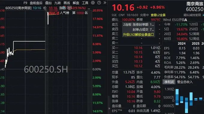 30秒涨停！600250，两连板