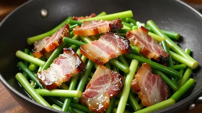 比腊肉炒蒜苗更清爽的搭配？腊肉炒蒜苔，一口脆嫩一口香