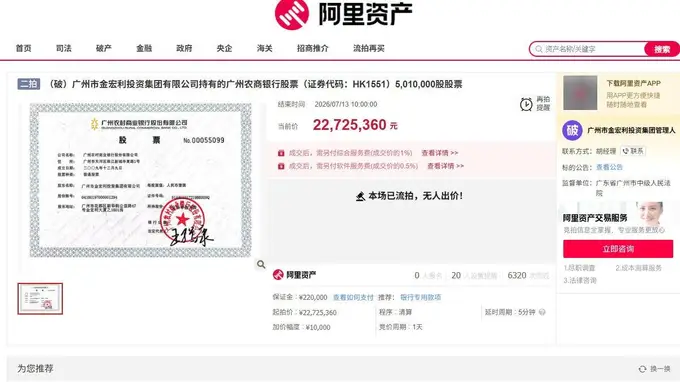 广州农商银行部分股权“上架”再遇流拍 资产质量隐忧拖累市场信心