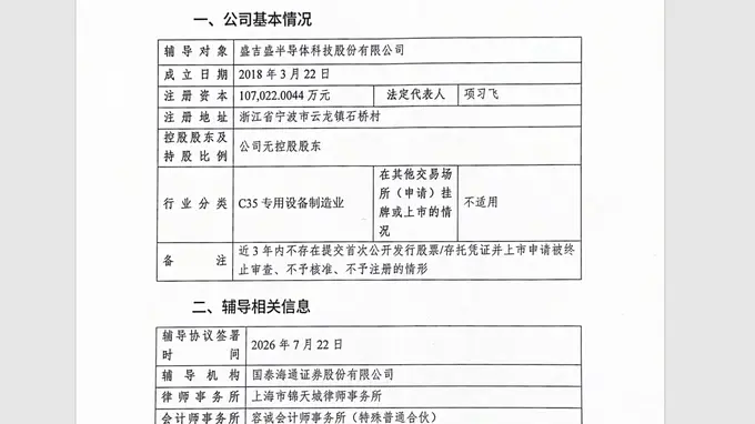 盛吉盛半导体IPO辅导备案获宁波证监局正式受理