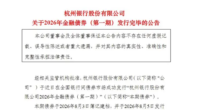 杭州银行200亿元3年期金融债发行落地 票面利率1.57%